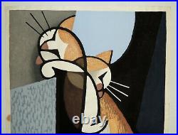 Japanese Woodblock by Tomoo Inagaki Cat Waking Up c. 1955 Pencil Signed