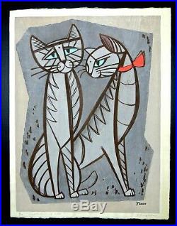 Japanese Woodblock by Tomoo Inagaki Temptation of Cats Signed #18 of 50