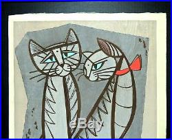 Japanese Woodblock by Tomoo Inagaki Temptation of Cats Signed #18 of 50