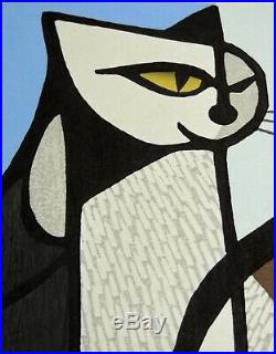 Japanese Woodblock by Tomoo Inagaki Two Cats Signed Limited Edition