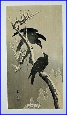 Japanese Woodblock by Yamamoto Shoun Crows in a Snowstorm