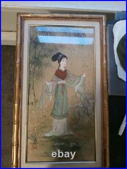 Japanese Woodblock print 12 x 25 Geisha Signed Framed, Gyokusen, Edo, vintage