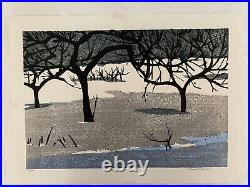 Japanese double oban woodblock print Shiro Takagi Rural Winter Scene apple