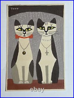 Japanese small woodblock print Tomoo Inagaki Two Cats With Jewelry