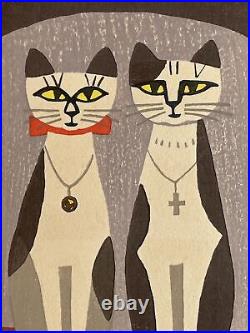 Japanese small woodblock print Tomoo Inagaki Two Cats With Jewelry