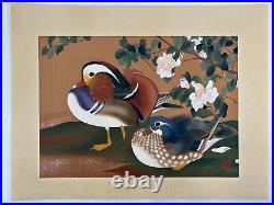 Japanese woodblock Print Camellia and mandarin duck Tsuchiya Rakuzan 1929
