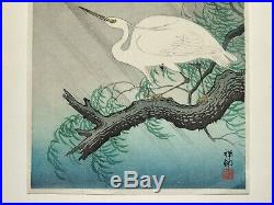 Japanese woodblock by Ohara Koson Egret on a Bough of a Willow Tree c. 1930