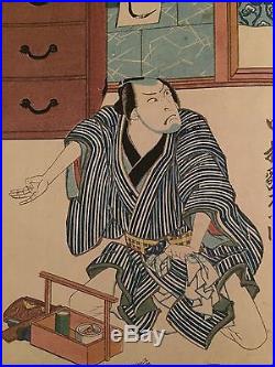 Japanese woodblock print Hokushu 1827 triptych Osaka print kamigata-e oban
