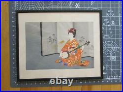 Japanese woodblock print Yurimoto Keiko framed Shamisen