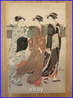 Japanese woodblock print by T Kiyonaga Evening on the Banks of the Sumida River
