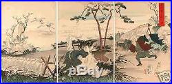 Japanese woodblock triptych print-Samurai & Falcon Catch Crane Bird, Chikanobu