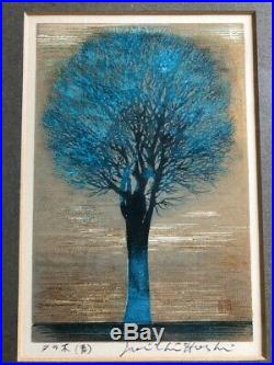Joichi Hoshi 1972 Evening Tree (blue) Original Japanese woodblock print Yu no ki
