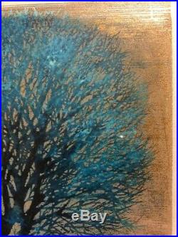 Joichi Hoshi 1972 Evening Tree (blue) Original Japanese woodblock print Yu no ki