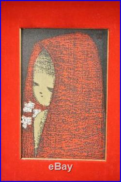 KAORU KAWANO Girl with a Red Hood. Modern Japanese Woodblock Original Frame