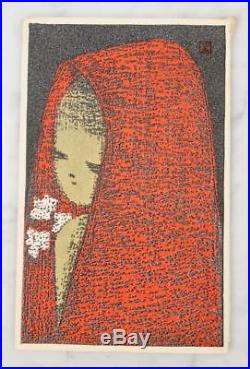 KAORU KAWANO Girl with a Red Hood. Modern Japanese Woodblock Original Frame