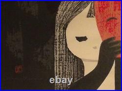 KAORU KAWANO ORIGINAL Signed Red Sealed Girl with Mask Japanese Woodblock Print