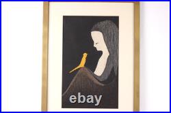 KAORU KAWANO Woodblock Print Girl and Yellow Bird Signed KAORU KAWANO Woodblock KAORU KAWANO Woodblock Print Girl and Yellow Bird Signed KAORU KAWANO Woodblock