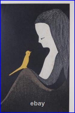 KAORU KAWANO Woodblock Print Girl and Yellow Bird Signed KAORU KAWANO Woodblock KAORU KAWANO Woodblock Print Girl and Yellow Bird Signed KAORU KAWANO Woodblock