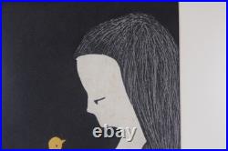 KAORU KAWANO Woodblock Print Girl and Yellow Bird Signed KAORU KAWANO Woodblock