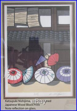 KATSUYUKI NISHIJIMA 1945- Original Japanese Wood Block Print Umbrellas