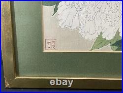 KAWARAZAKI SHODO Japanese Original Woodblock Print Art White Peonies Signed