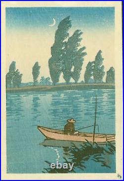 KAWASE HASUI Man Fishing on a Moonlit Night Original Woodblock Print Art