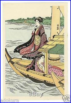 KIYONAGA JAPANESE Triptych Woodblock Print Boating Party under Azuma Bridge