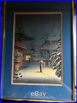 KOITSU TSUCHIYA, SNOW AT NEZU SHRINE, framed Japanese Woodblock Print