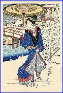 KUNISADA JAPANESE Triptych Woodblock Print Evening Snow at Mokuboji Temple