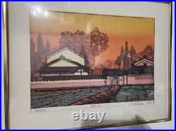 K. Nishijima Signed & Framed 443/500 Japanese Woodblock Print Sunset and Houses