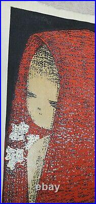 Kaoru Kawano Dream Woodblock Japanese Print 11 x 16 Girl in Red 1950's Original