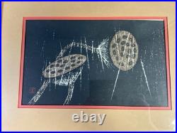Kaoru Kawano Japanese Woodblock Print Quiet Rain Lotus Pods Signed Framed