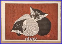 Kaoru Kawano Japanese Woodblock Print, Two Kittens