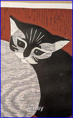 Kaoru Kawano Japanese Woodblock Print, Two Kittens