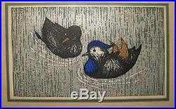Kaoru Kawano Mandarin Ducks 1960s Pencil Signed Japanese Color Woodblock