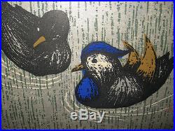 Kaoru Kawano Mandarin Ducks 1960s Pencil Signed Japanese Color Woodblock
