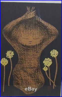 Kaoru Kawano Modern Japanese Woodblock Print Child with Flowers