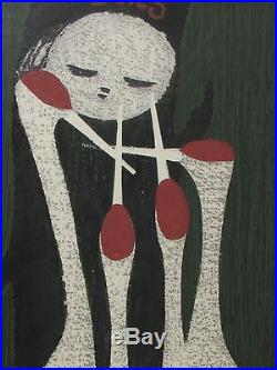 Kaoru Kawano Modern Japanese Woodblock Print Girl with Cranes