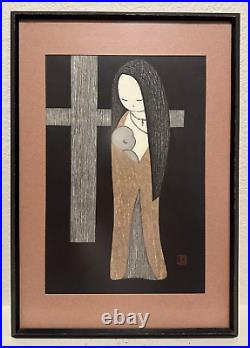 Kaoru Kawano Mother and Child Japanese Woodblock Framed 16 x 20 Dai-Oban