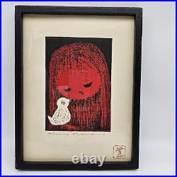 Kaoru Kawano Woodblock Print Girl With Dove Signed Art Japan