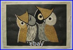 Kaoru Kawano owls Japanese woodblock print red seal three eyes