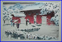Kasamatsu Shiro Japanese Woodblock Hondo Red Gate in Snow