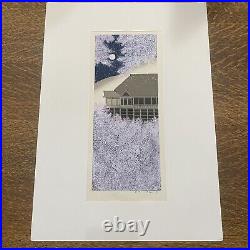 Kato Teruhide Vintage Woodblock Print Signed Cherry Blossom Building