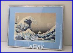Katsushika Hokusai framed woodblock print Great Wave Watanabe seal