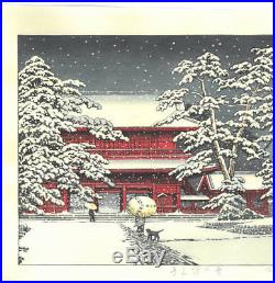 Kawase Hasui JAPANESE Woodblock Print SHIN HANGA Zojoji Temple in Snow F/S