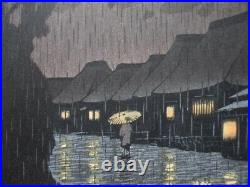 Kawase Hasui Japanese Woodblock Print 1932 Rainy Night at Maekawa
