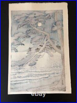Kawase Hasui Japanese original handmade woodblock print Enoshima on a moonight
