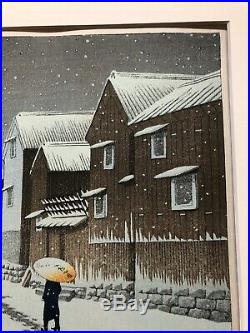 Kawase Hasui, snow at shinkawabata, handa, bishu, 1930 Japanese Woodblock Print