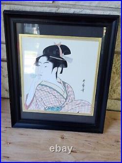 Kitagawa Utamaro Woodblock Print Framed Japanese Daughter Blowing Poppin Vtg