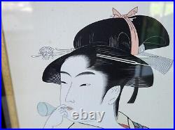 Kitagawa Utamaro Woodblock Print Framed Japanese Daughter Blowing Poppin Vtg